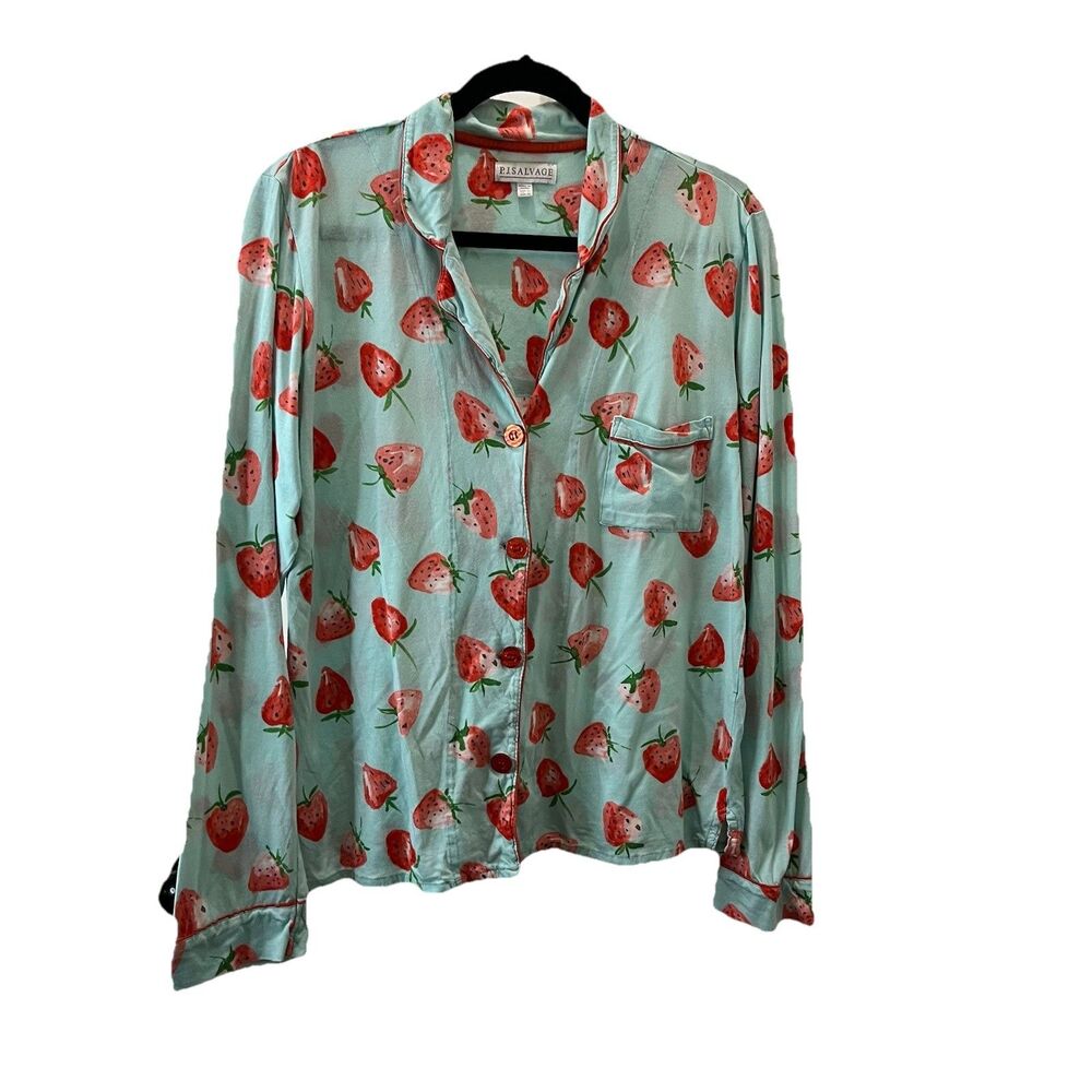 P. J. Salvage Women's Pajama Top Knit Strawberry Fruit Print Teal Button Up Sz M